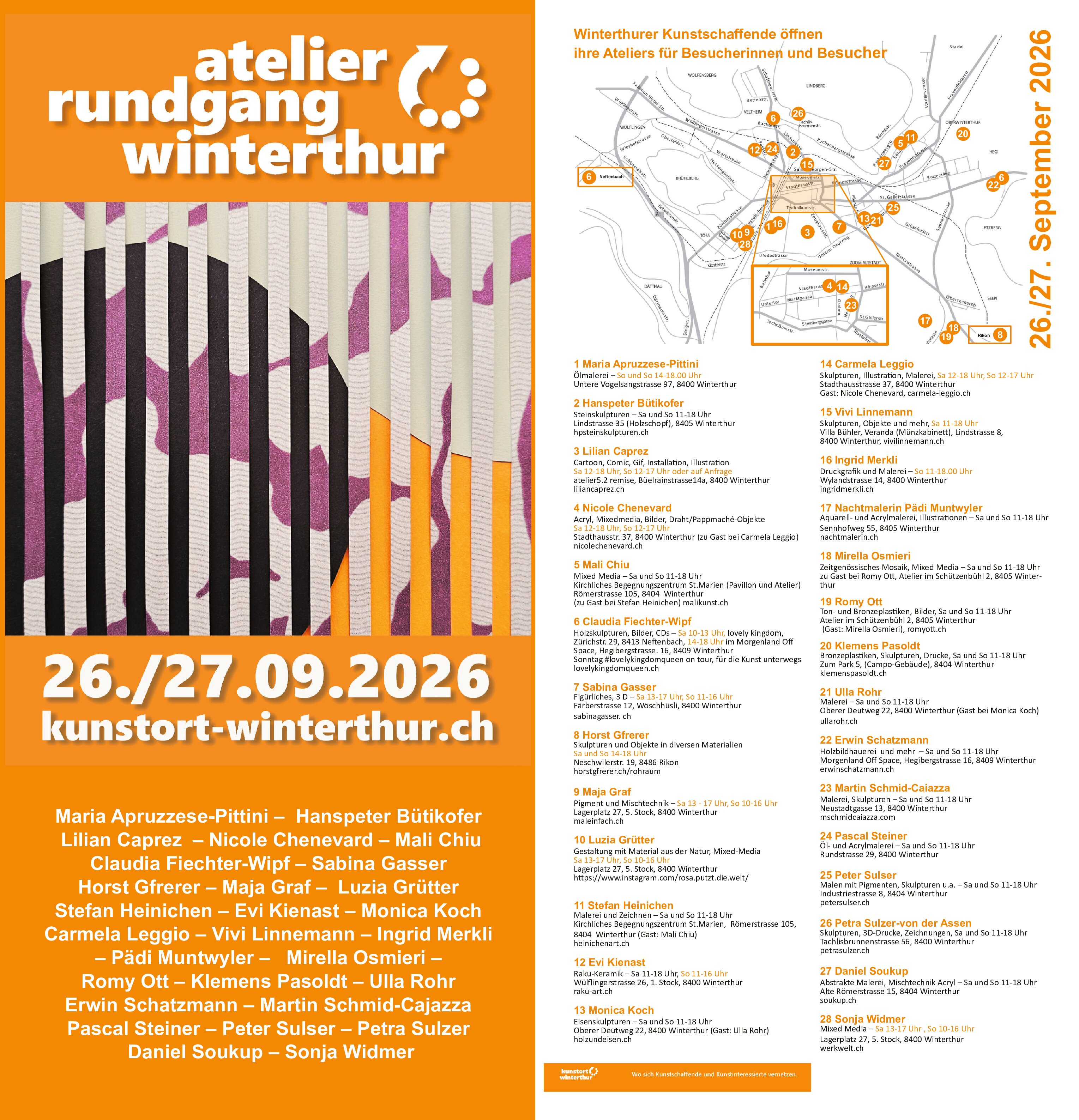 Flyer zu Atelierrundgang Winterthurmein Atelier ist offen am SO 27.9.26 von 11.00 - 18.00 Uhr